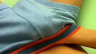 Young and gay dude wets himself while tugging his cock
